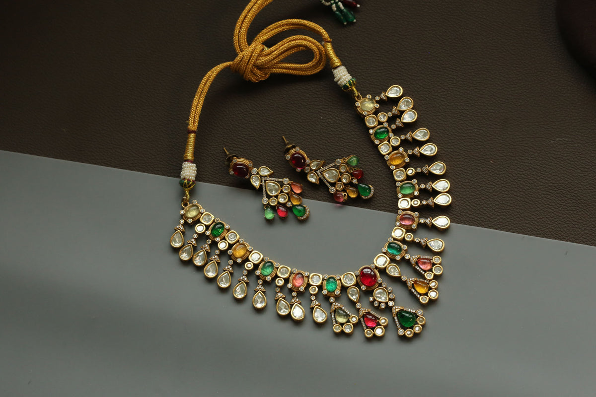Sandhya Multicolor Pota Stone & Uncut Polki Necklace Set