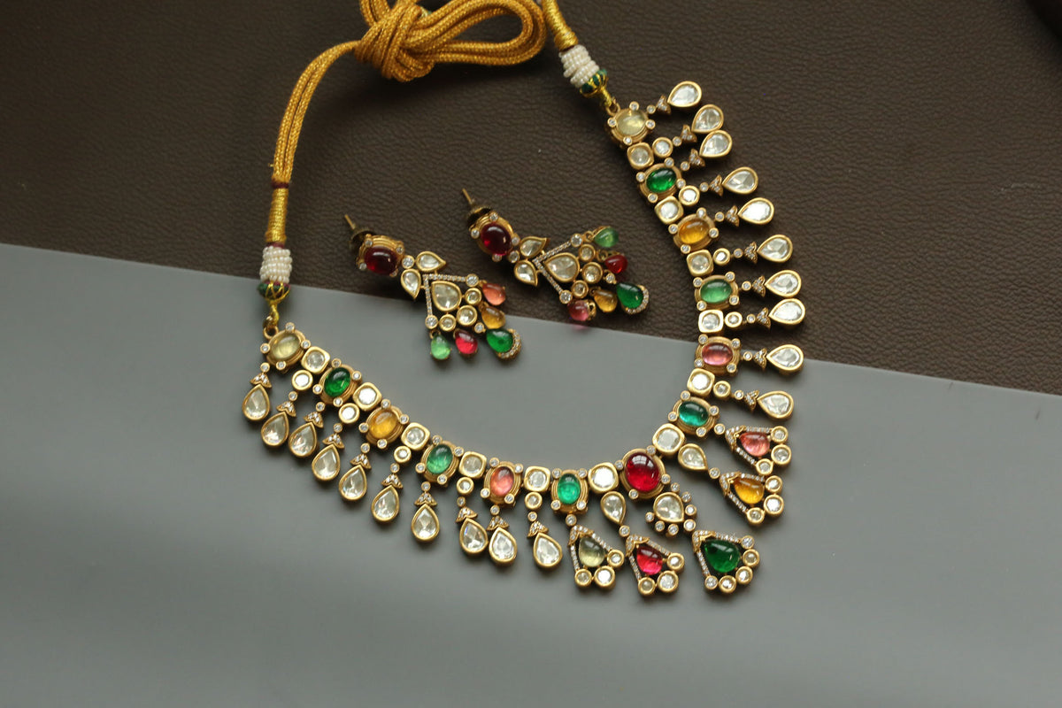 Sandhya Multicolor Pota Stone & Uncut Polki Necklace Set