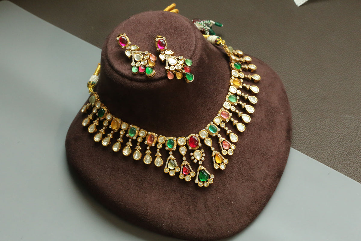 Sandhya Multicolor Pota Stone & Uncut Polki Necklace Set