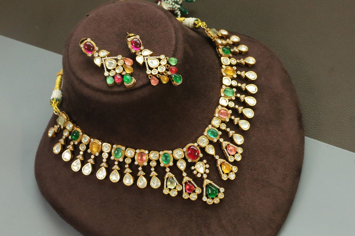 Sandhya Multicolor Pota Stone & Uncut Polki Necklace Set