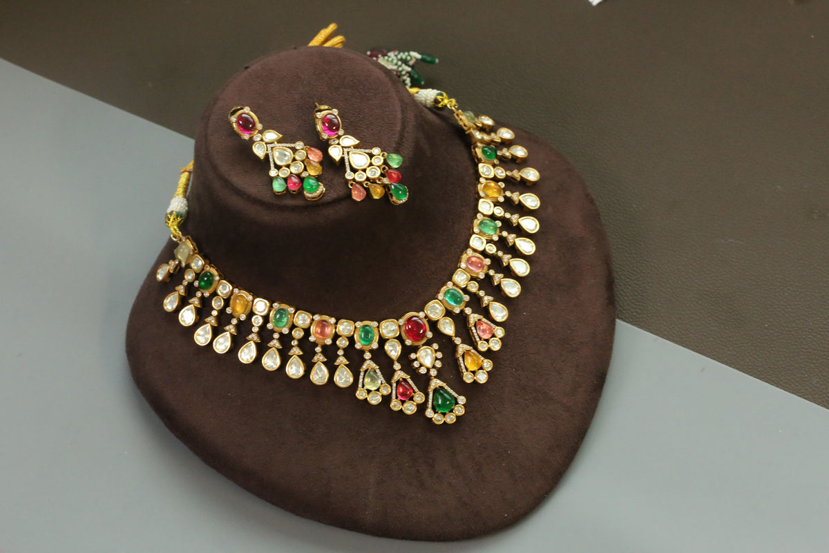 Sandhya Multicolor Pota Stone & Uncut Polki Necklace Set
