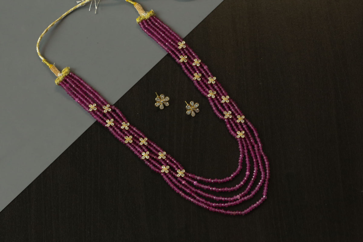 Rani CZ & Onion Pink Jade Beads Necklace Set