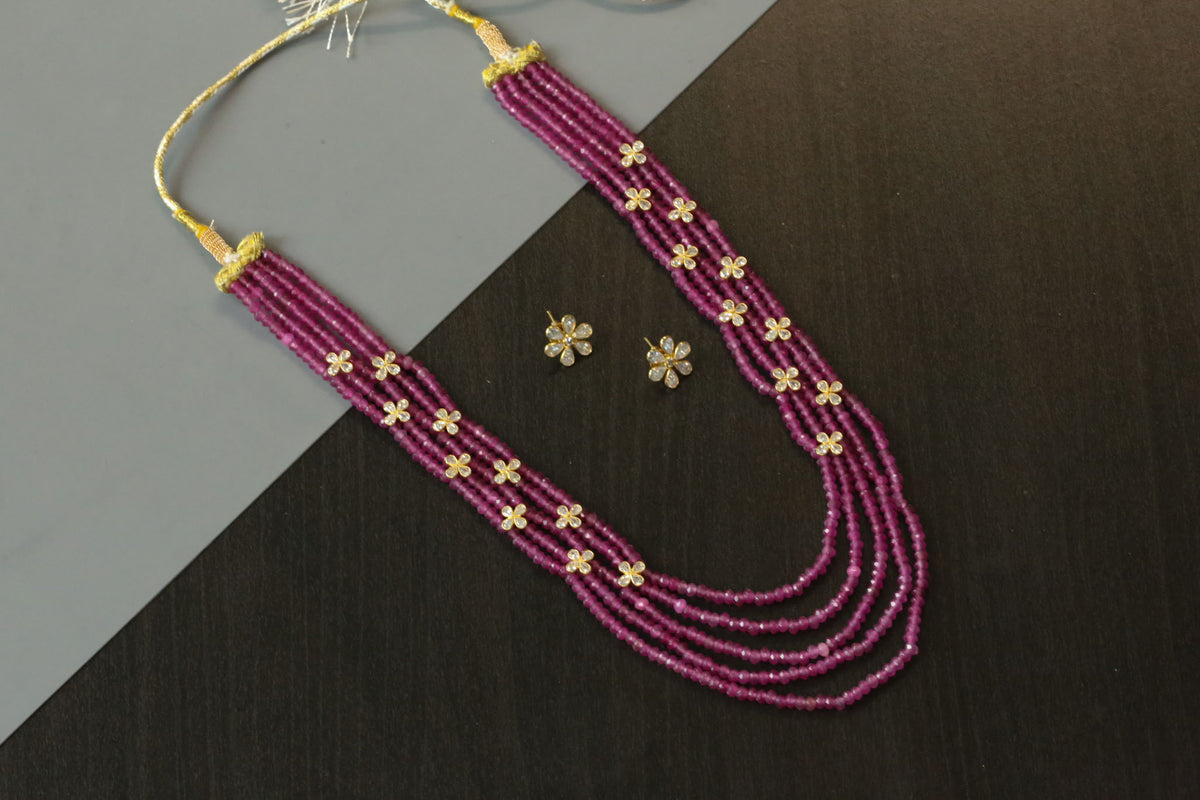 Rani CZ & Onion Pink Jade Beads Necklace Set