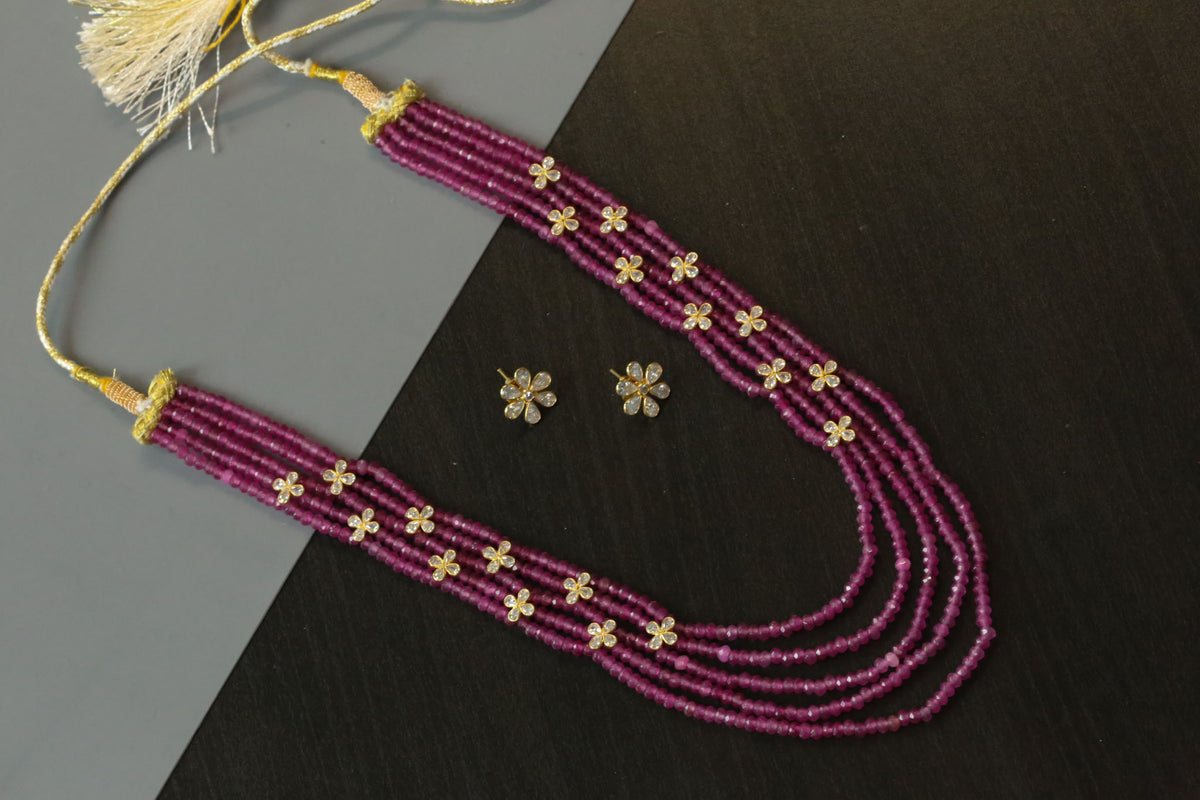 Rani CZ & Onion Pink Jade Beads Necklace Set