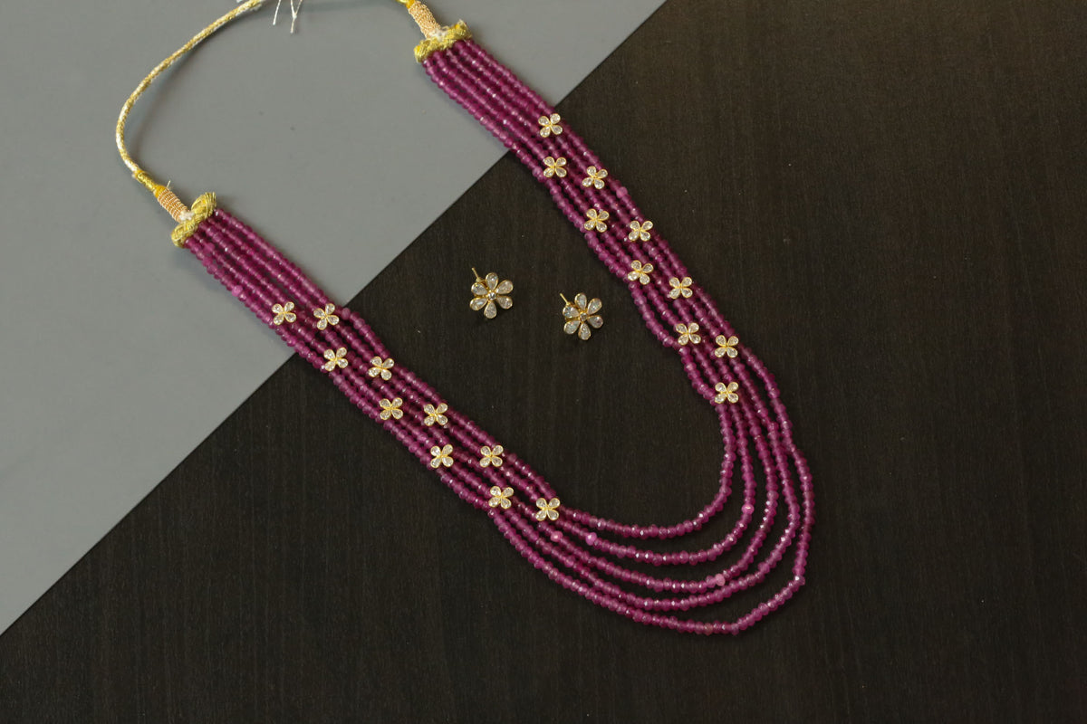 Rani CZ & Onion Pink Jade Beads Necklace Set