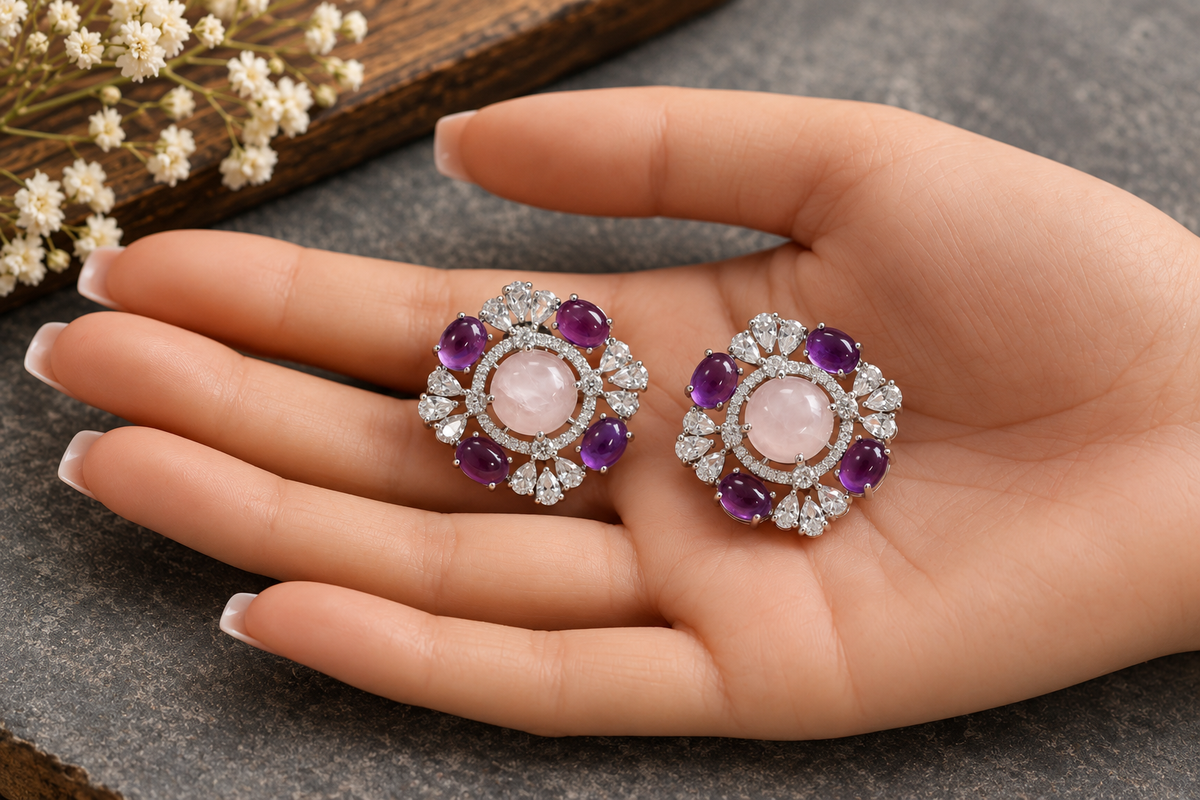 Shruti Semiprecious Studs - Rose Quartz & Amethyst