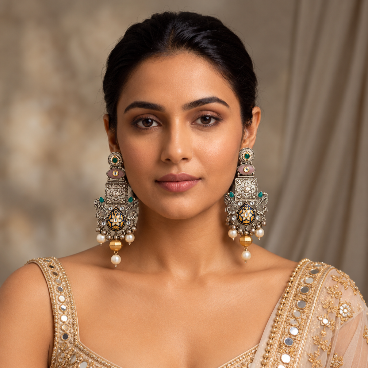 Large Fusion Meenakari & Kundan Dual Tone Earrings - Black