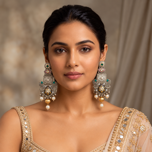 Large Fusion Meenakari & Kundan Dual Tone Earrings - Black