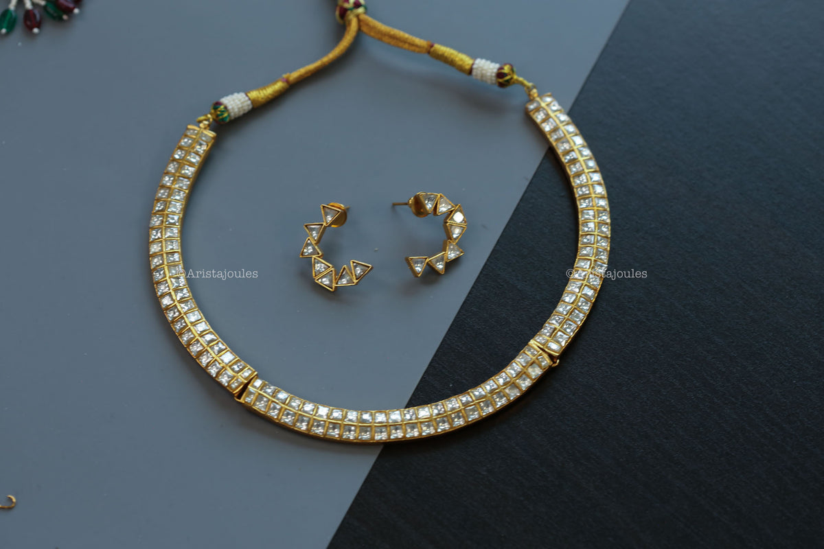 Rupa Kundan Jadau Hasli Necklace Set - Clear