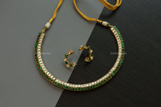 Rupa Kundan Jadau Hasli Necklace Set - Clear Green
