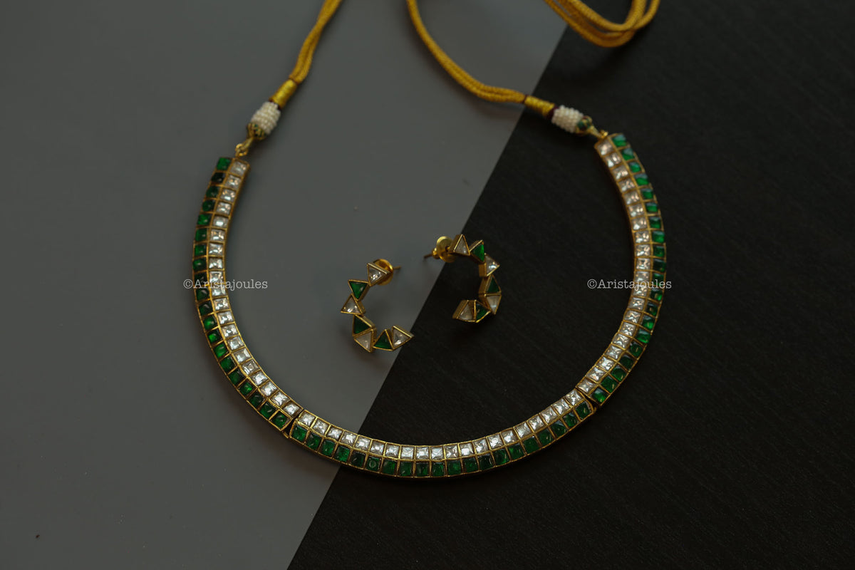 Rupa Kundan Jadau Hasli Necklace Set - Clear Green
