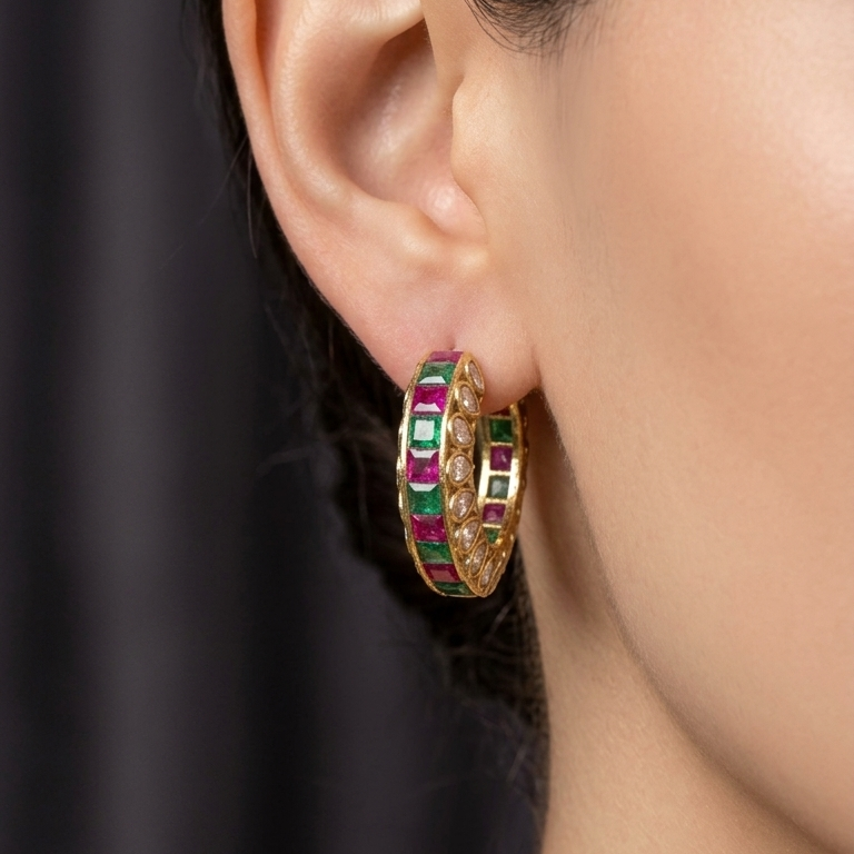 A close-up of a model's ear wearing a gold hoop earring embellished with alternating green and red rectangular gemstones.