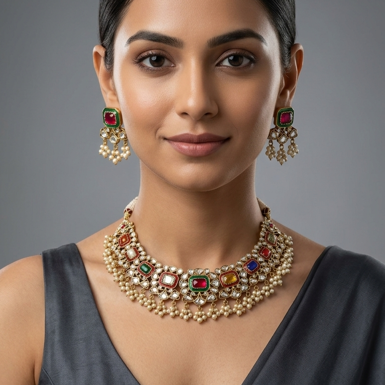 A woman wearing a gold-toned statement necklace and matching drop earrings with red, green, and blue stones, paired with a dark gray sari blouse against a neutral gray background.