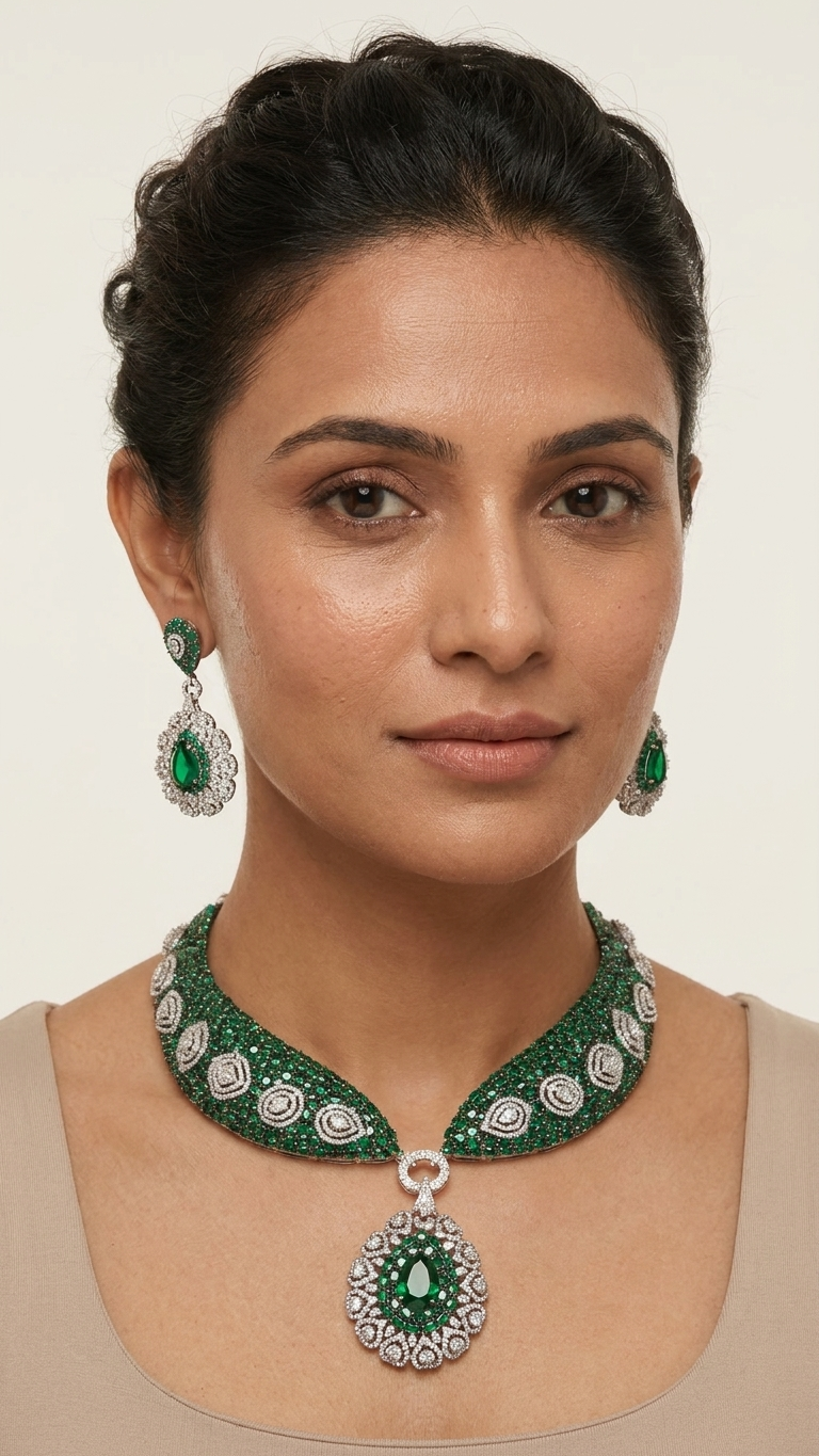 Mahira Premium CZ Doublet Necklace Set - Green