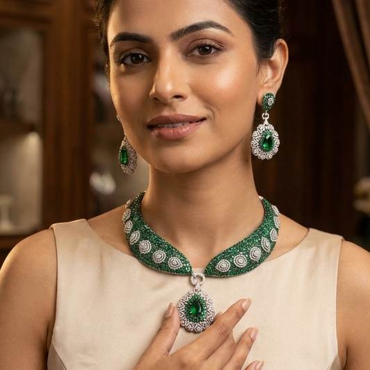 Mahira Premium CZ Doublet Necklace Set - Green