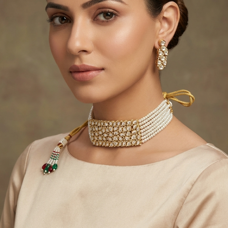 A woman wearing a multi-strand pearl choker necklace with gold-toned metal detailing, a matching drop earring, and a small green and gold pendant, paired with a beige satin top against a neutral brown background.