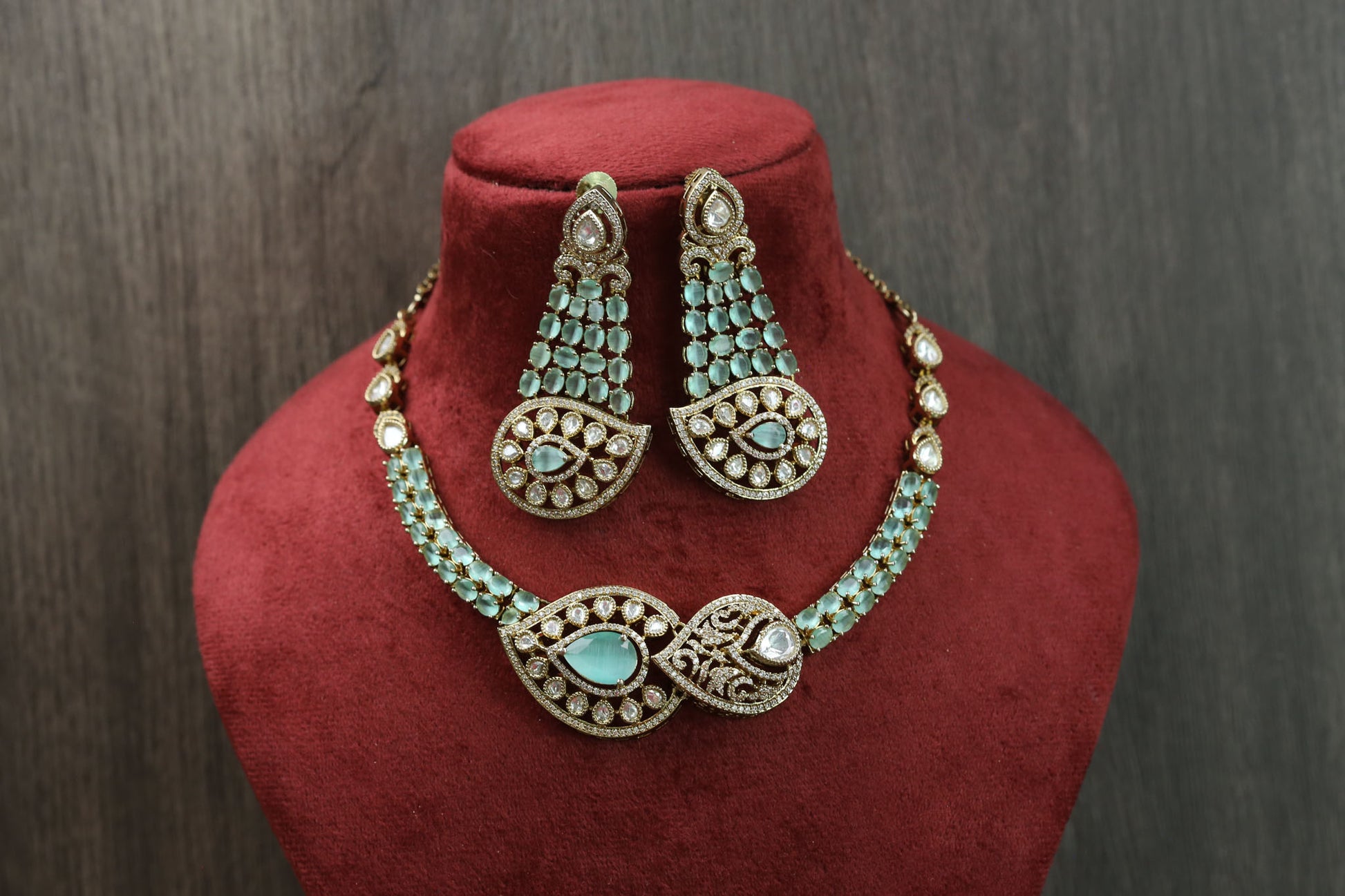 Surmayi Mehndi Polish Doublet CZ Necklace Set -Mint