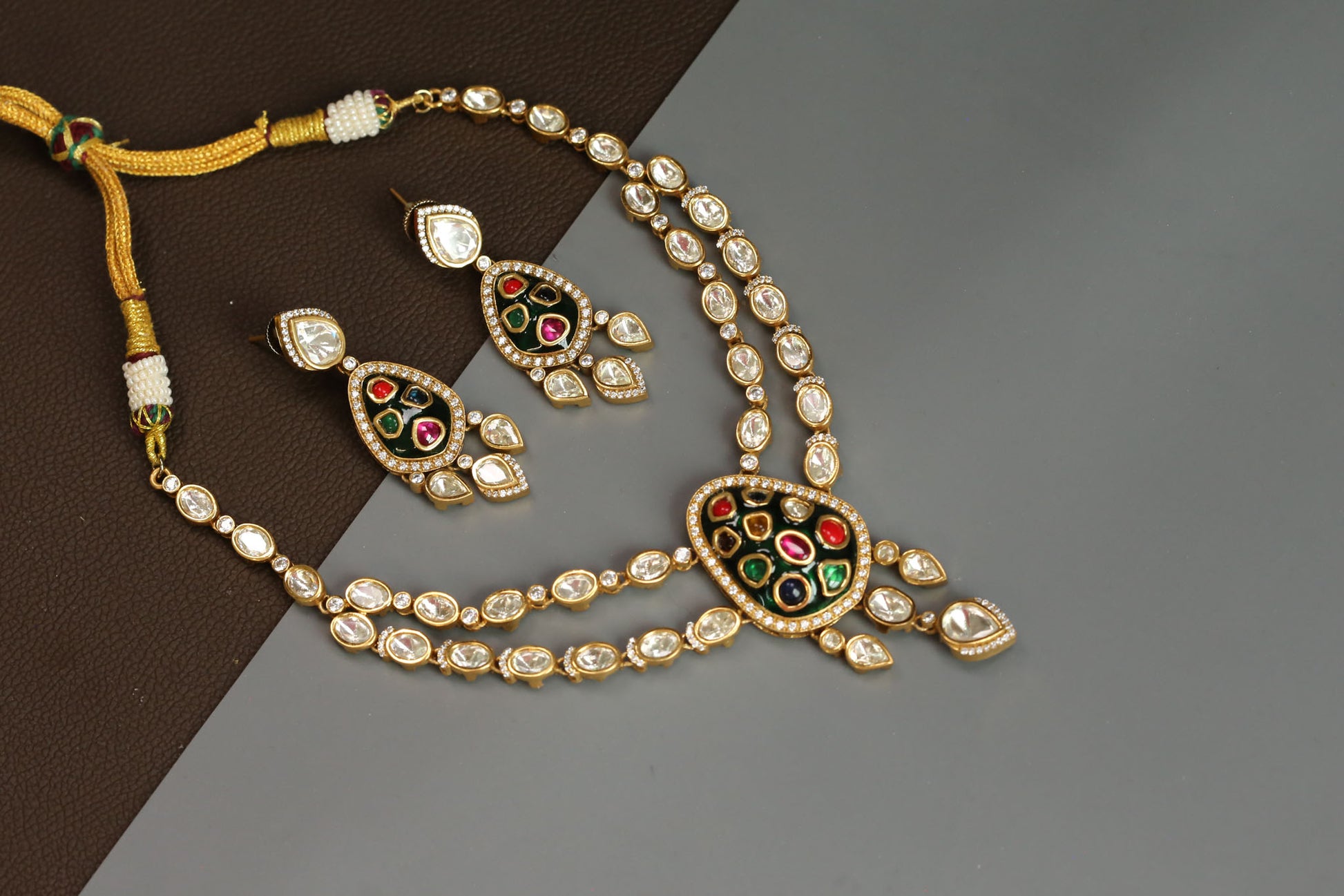Rajwadi Kundan Uncut Polki Necklace Set -Style 2