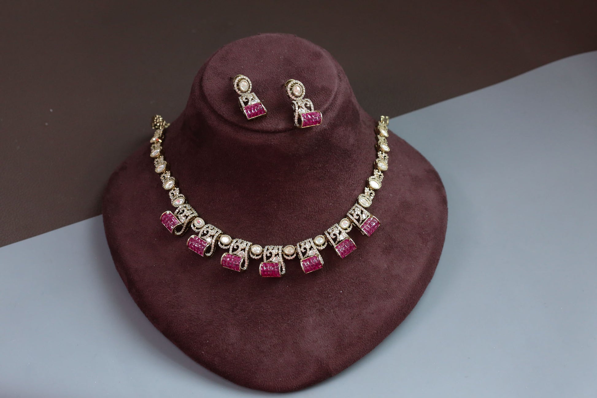 Invisible Setting, Uncut Polki & CZ Necklace Set - Ruby