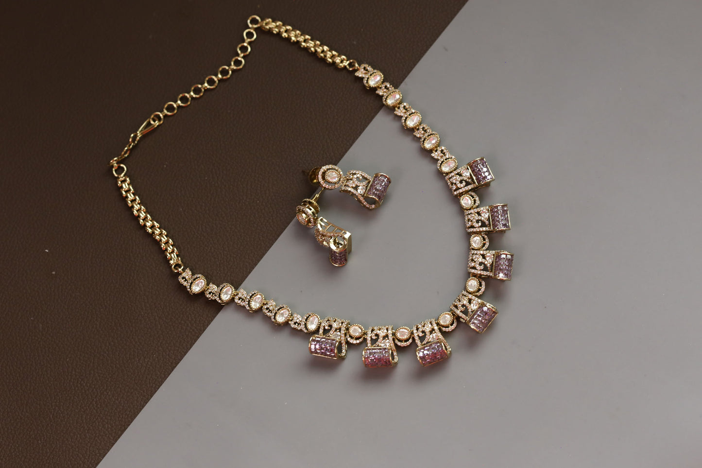 Invisible Setting, Uncut Polki & CZ Necklace Set - Purple