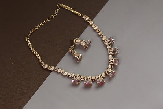Invisible Setting, Uncut Polki & CZ Necklace Set - Purple