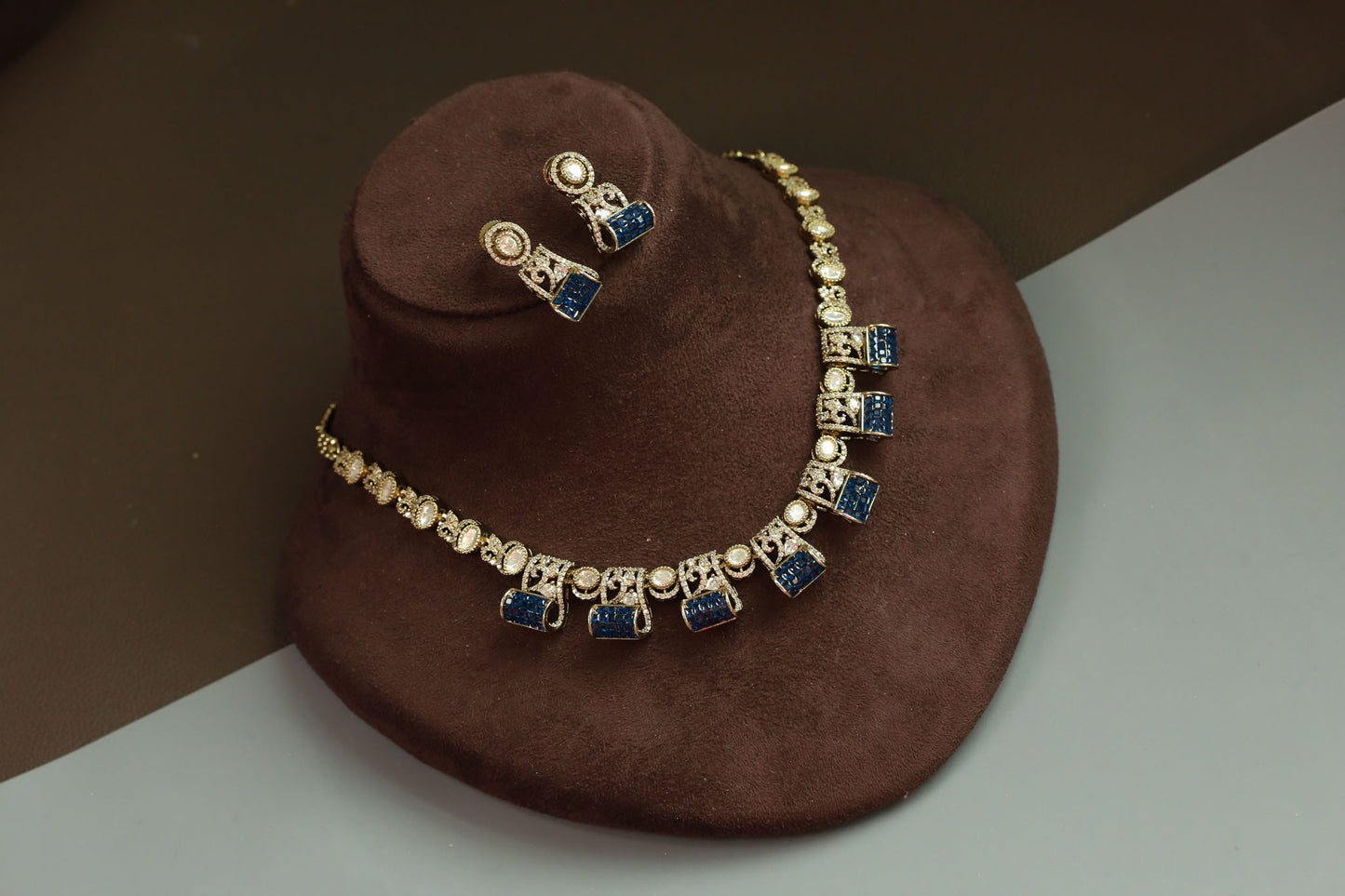Invisible Setting, Uncut Polki & CZ Necklace Set - Blue