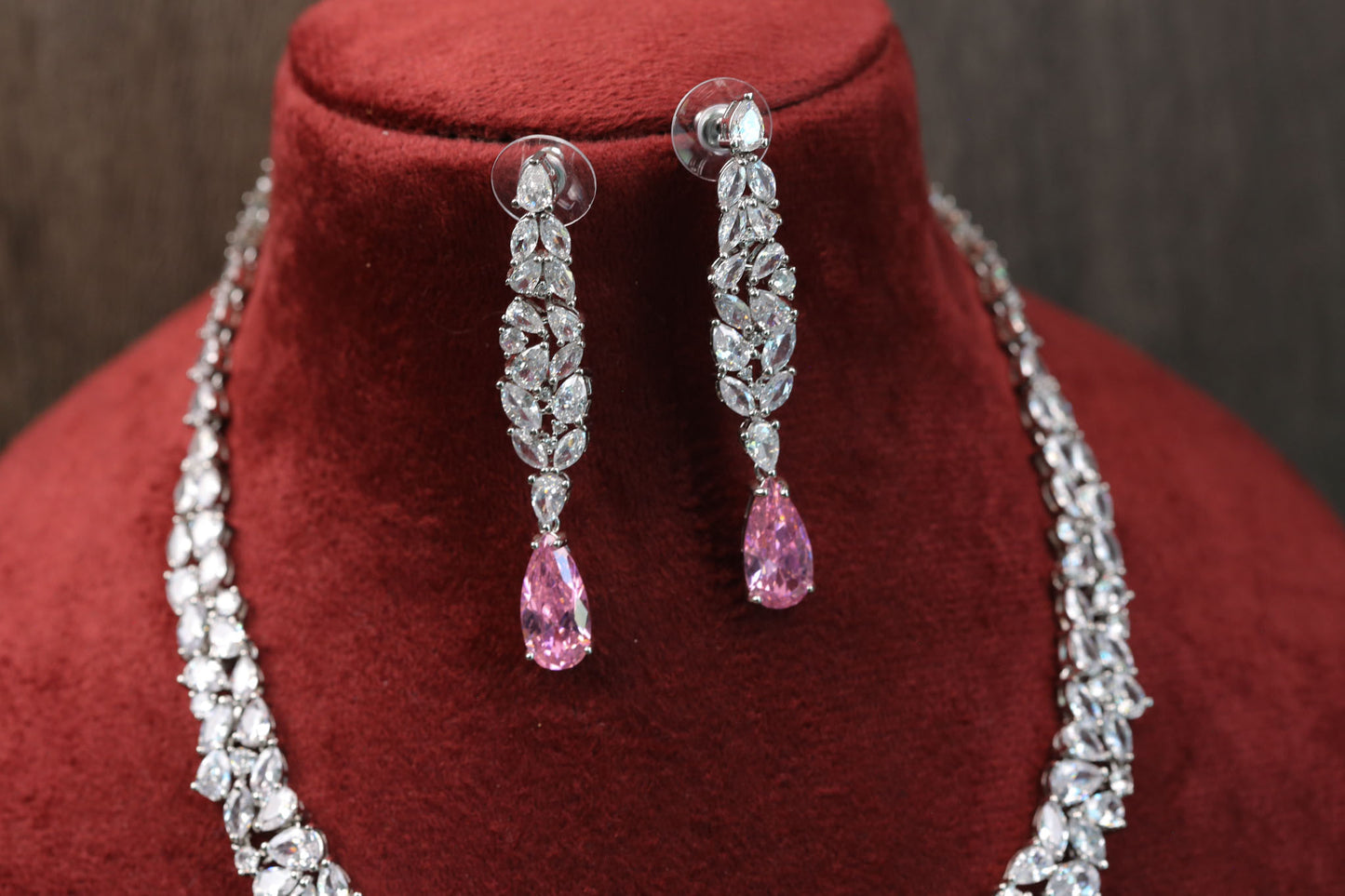 Dainty Solitaire Necklace Set - Pink Crystal