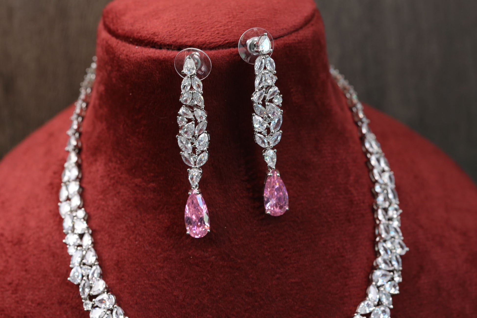 Dainty Solitaire Necklace Set - Pink Crystal