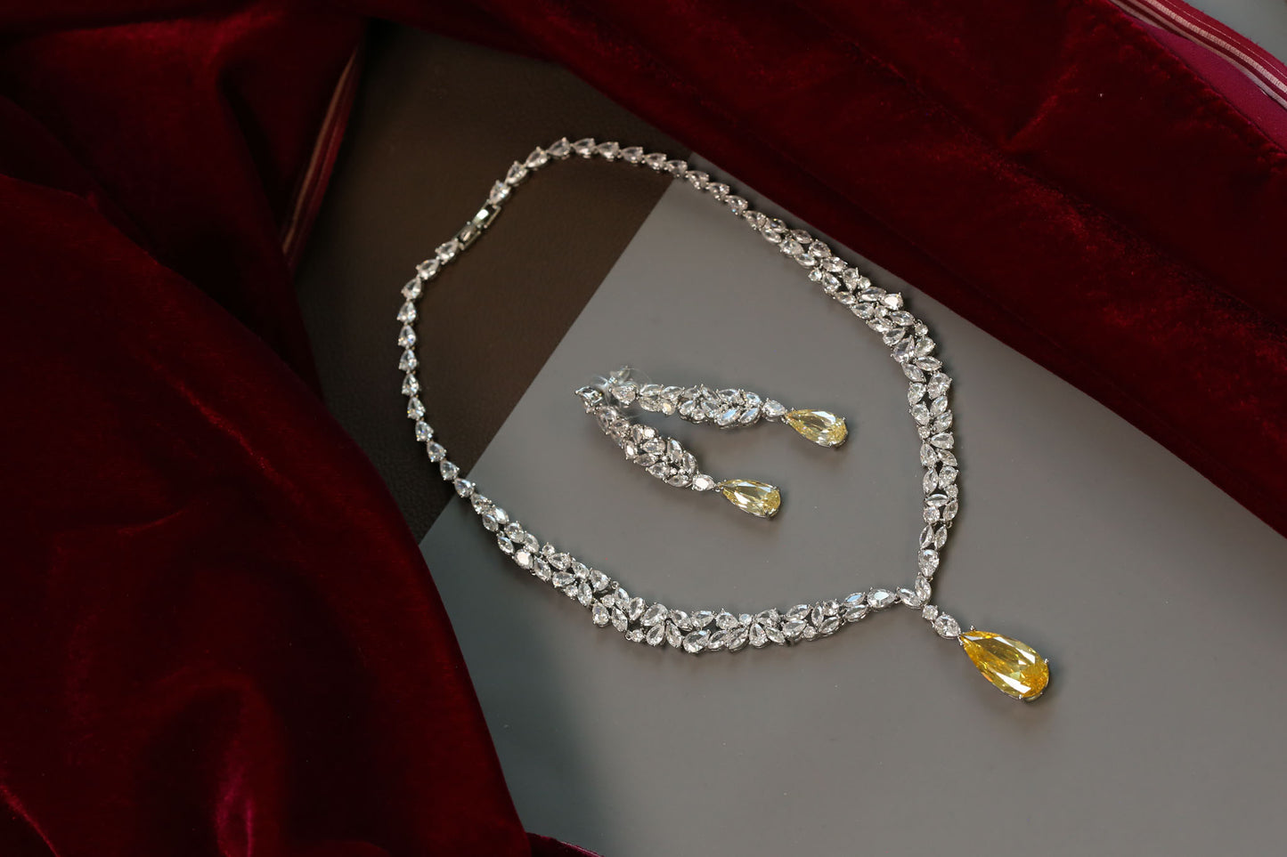 Dainty Solitaire Necklace Set - Yellow Crystal