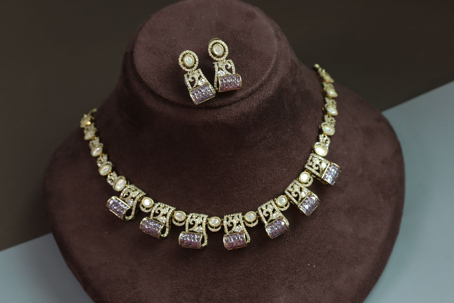 Invisible Setting, Uncut Polki & CZ Necklace Set - Purple