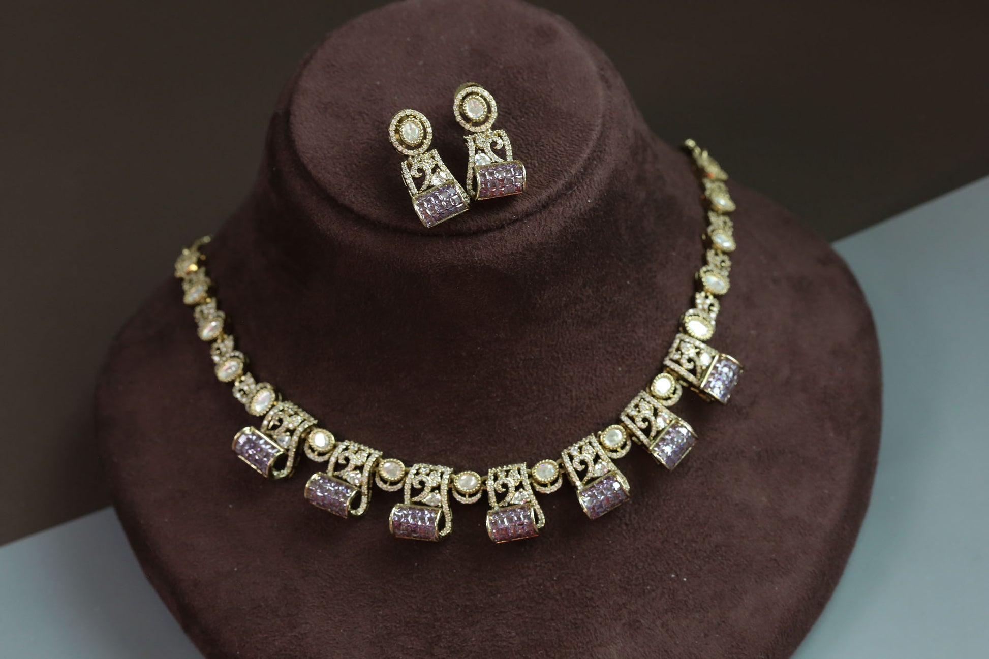 Invisible Setting, Uncut Polki & CZ Necklace Set - Purple