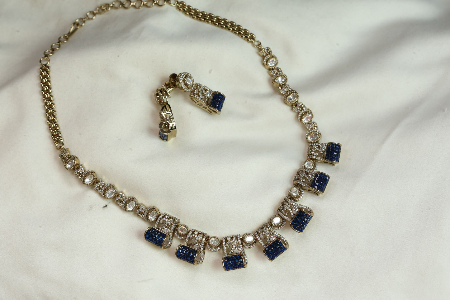 Invisible Setting, Uncut Polki & CZ Necklace Set - Blue