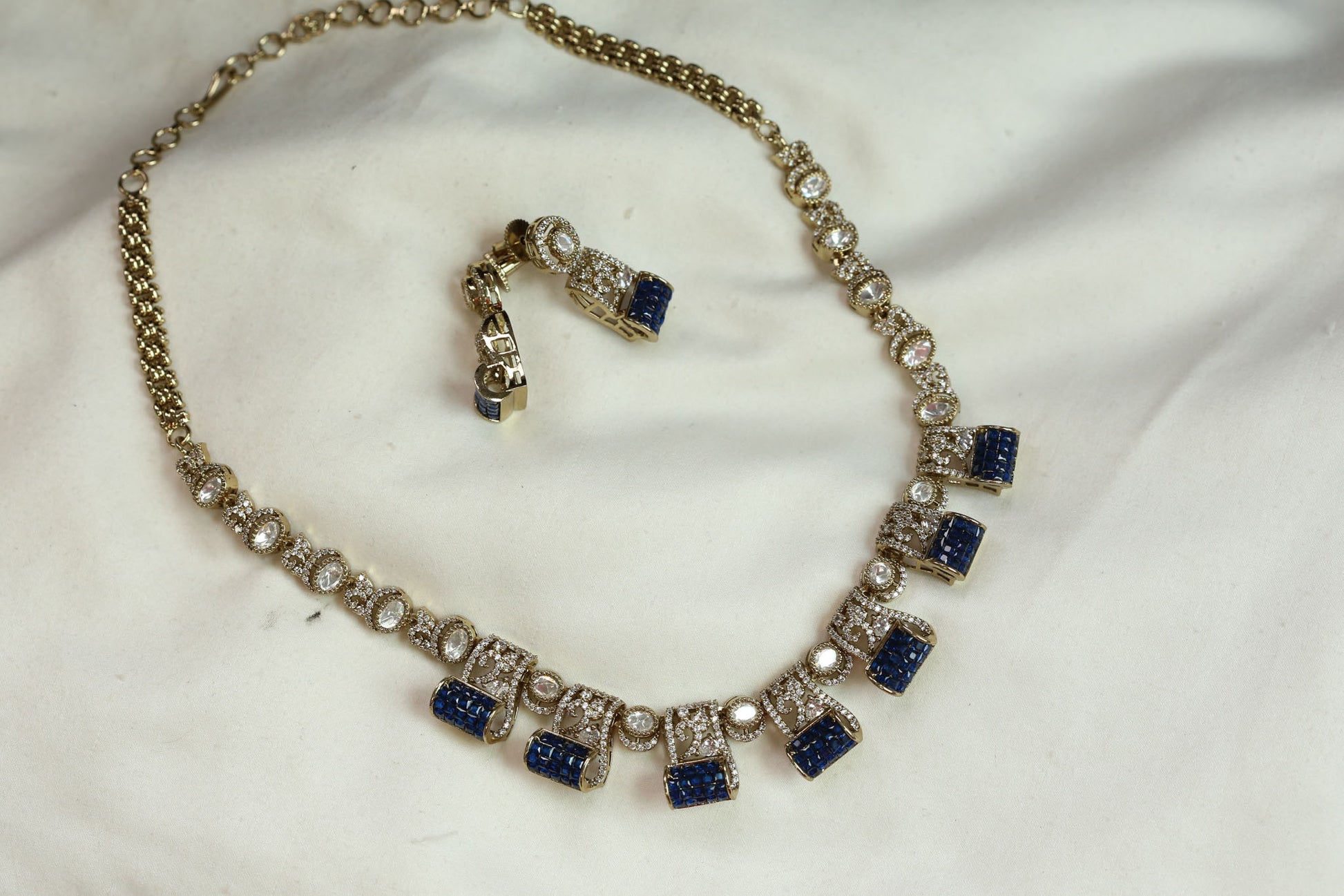 Invisible Setting, Uncut Polki & CZ Necklace Set - Blue