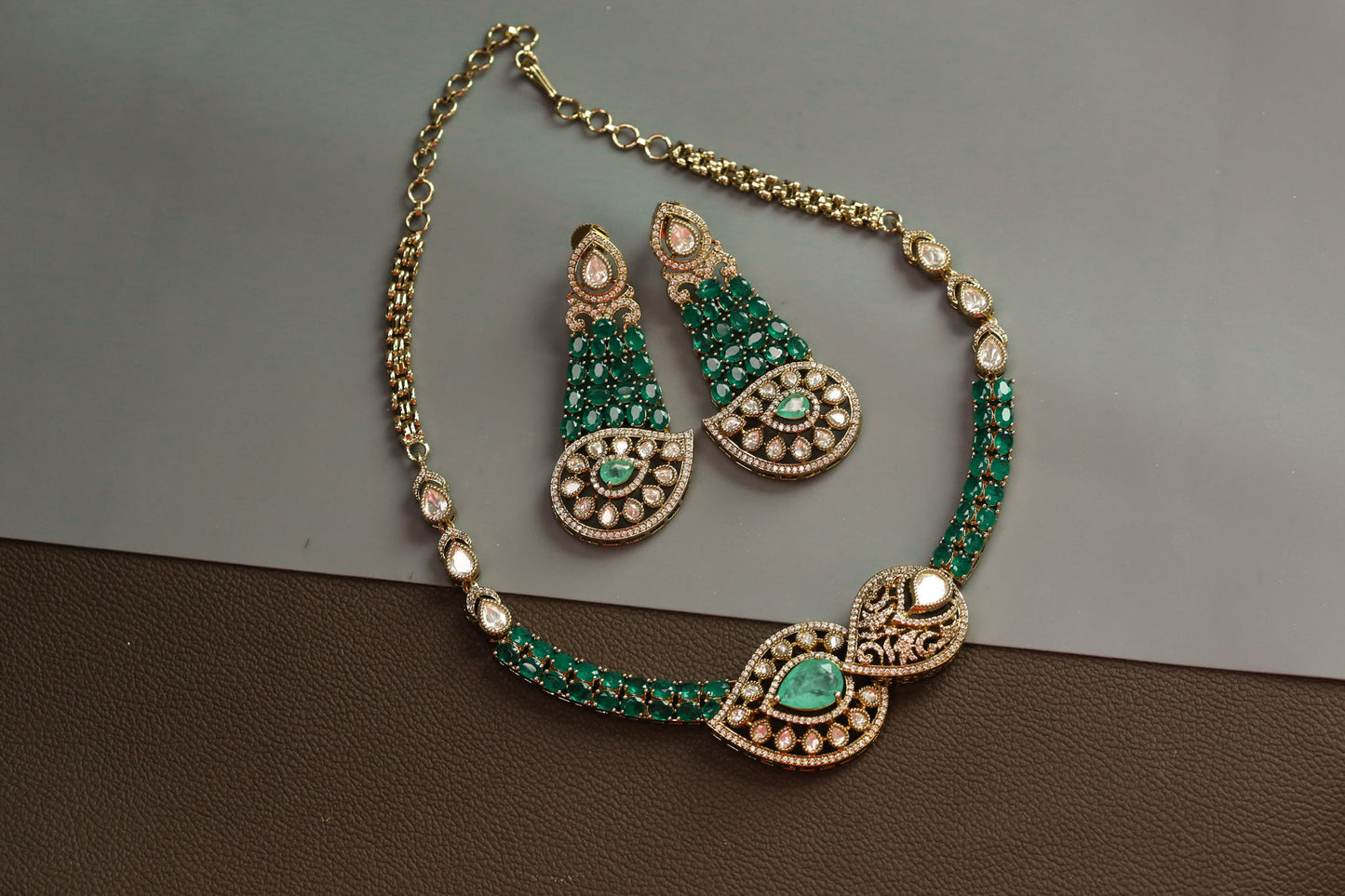 Surmayi Mehndi Polish Doublet CZ Necklace Set - Green