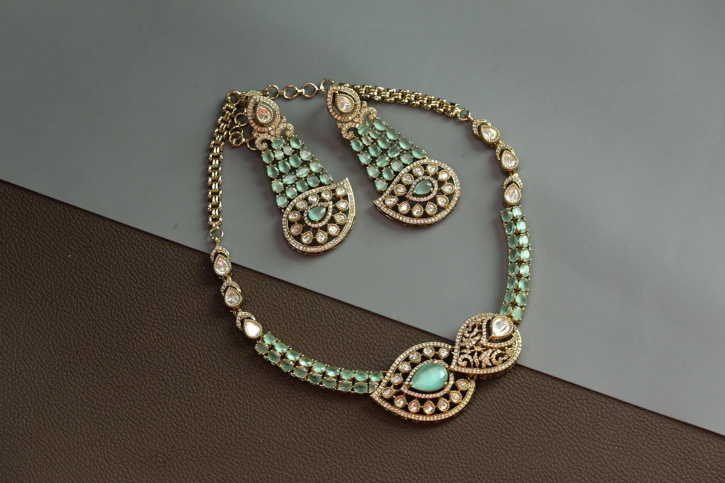 Surmayi Mehndi Polish Doublet CZ Necklace Set -Mint