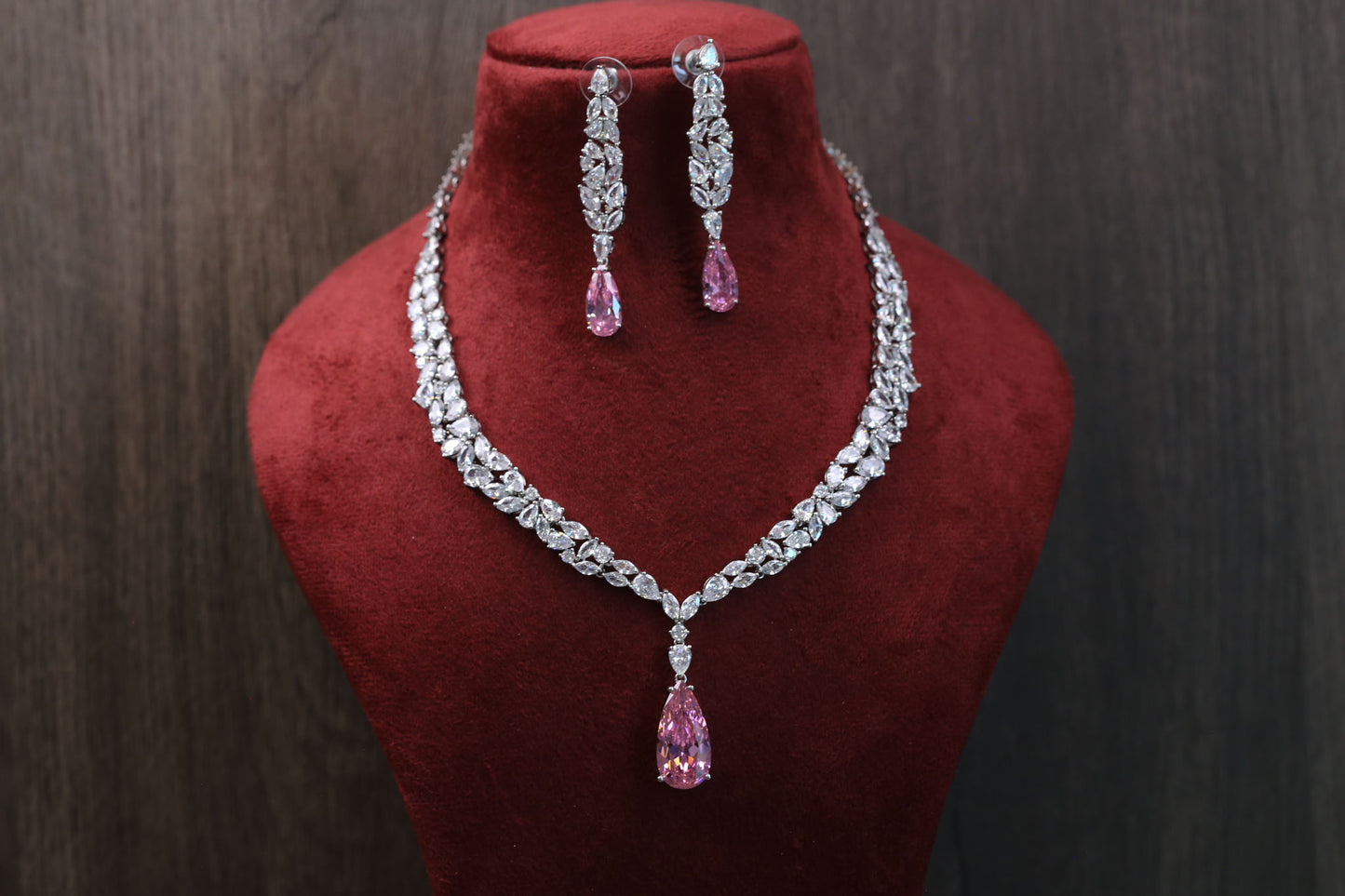 Dainty Solitaire Necklace Set - Pink Crystal