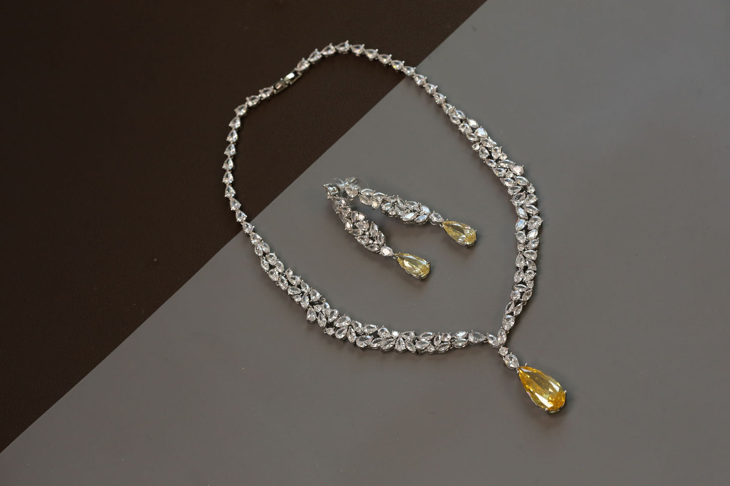 Dainty Solitaire Necklace Set - Yellow Crystal