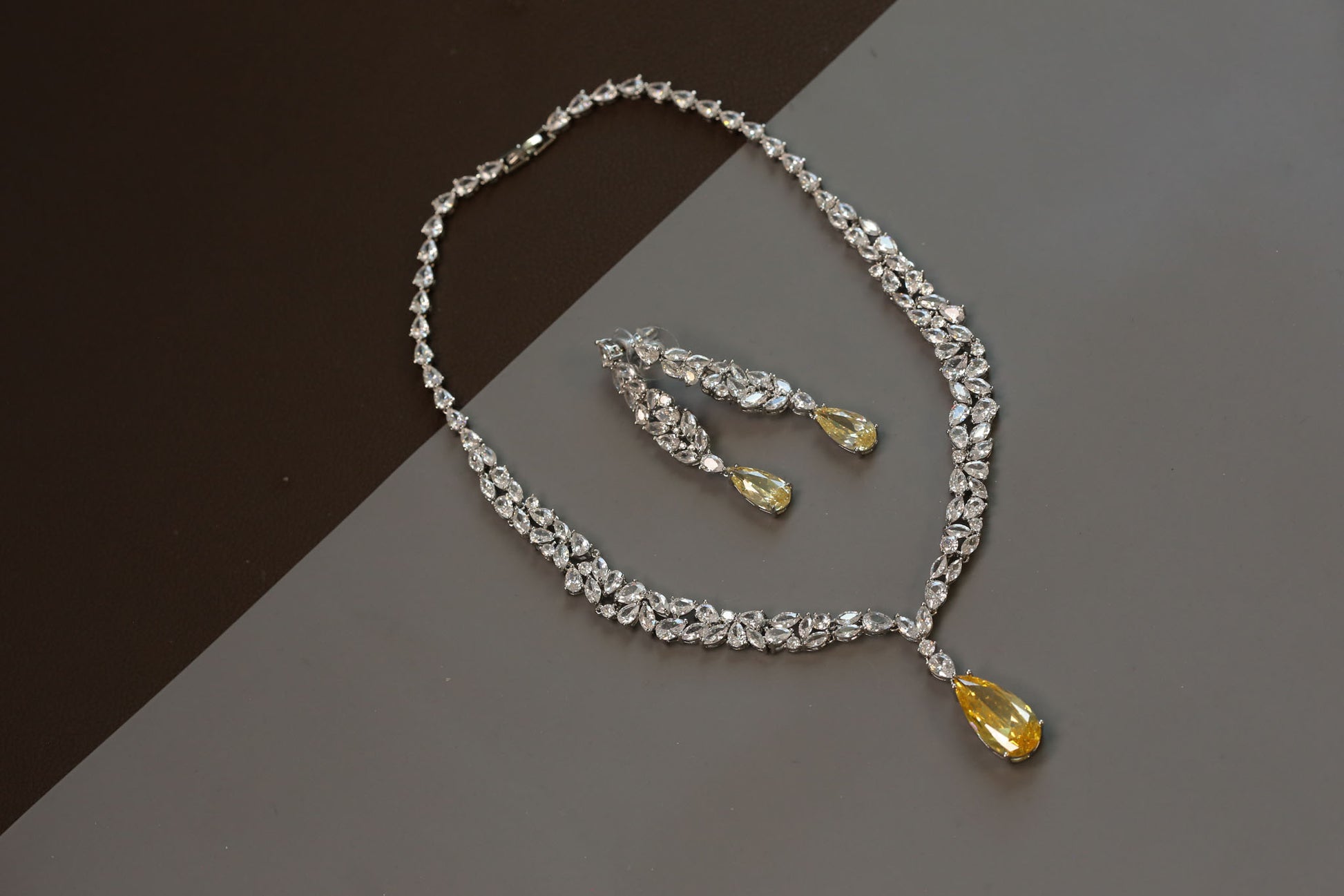 Dainty Solitaire Necklace Set - Yellow Crystal