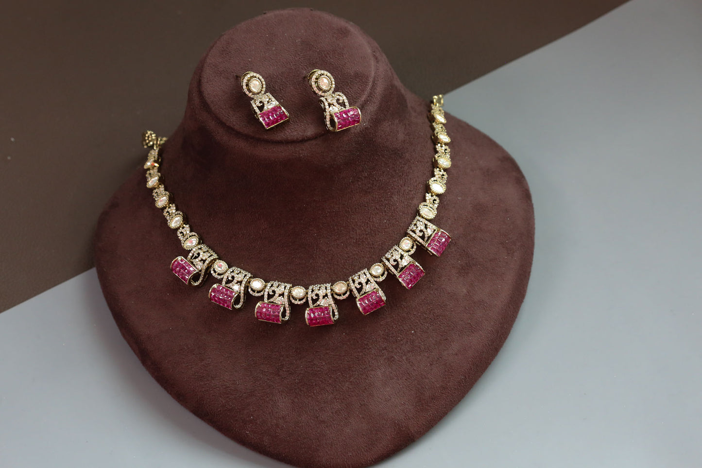 Invisible Setting, Uncut Polki & CZ Necklace Set - Ruby