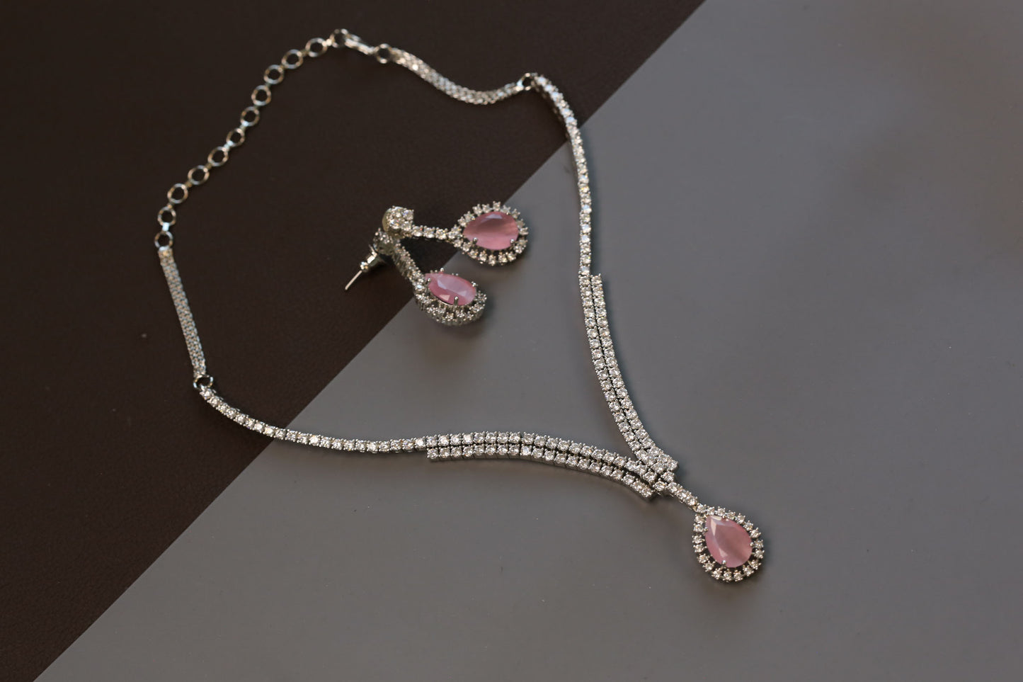 Dainty Solitaire Necklace Set - Pink