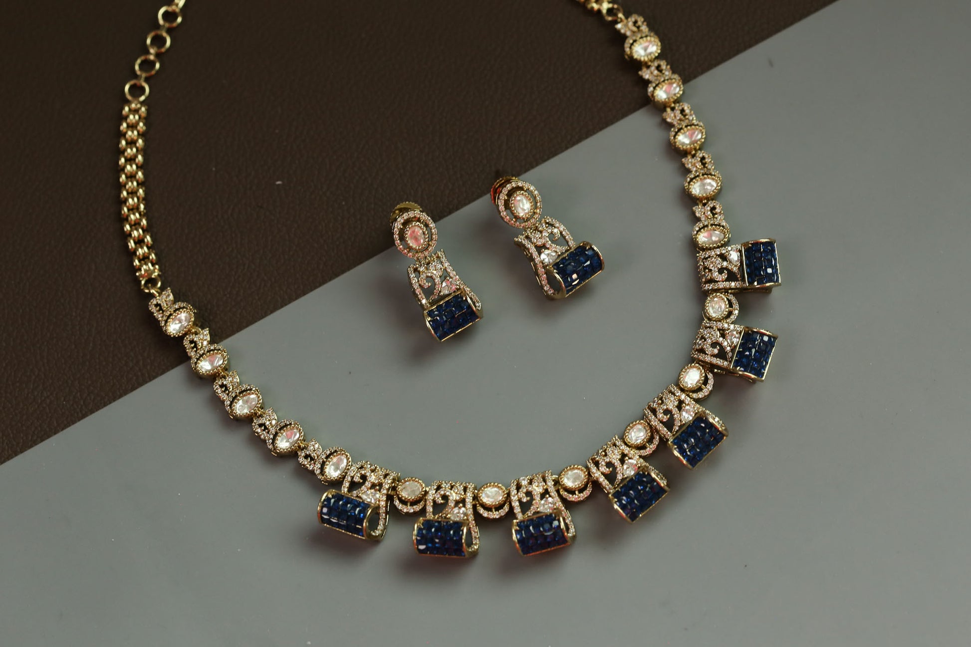 Invisible Setting, Uncut Polki & CZ Necklace Set - Blue