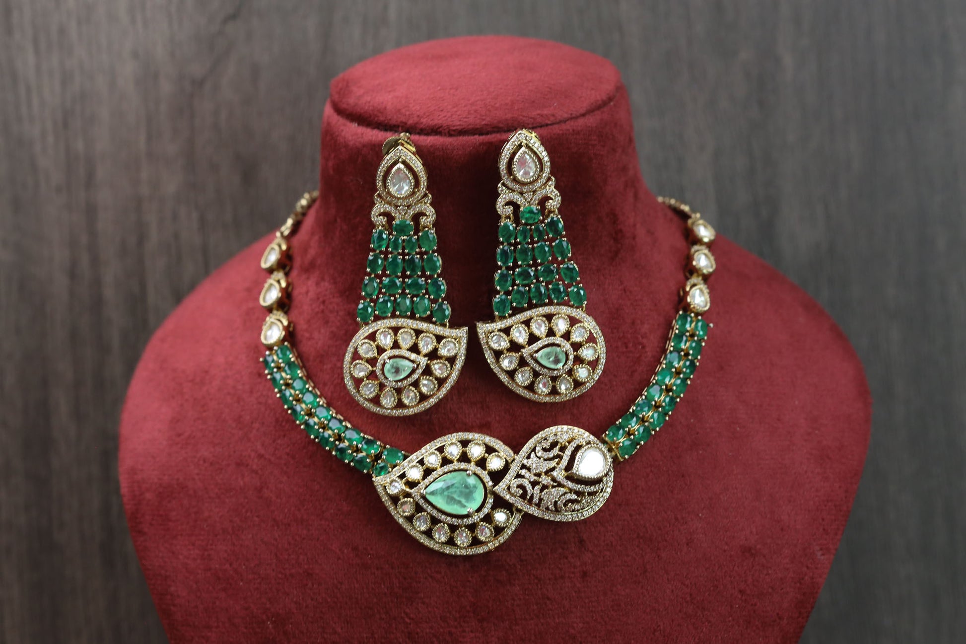Surmayi Mehndi Polish Doublet CZ Necklace Set - Green