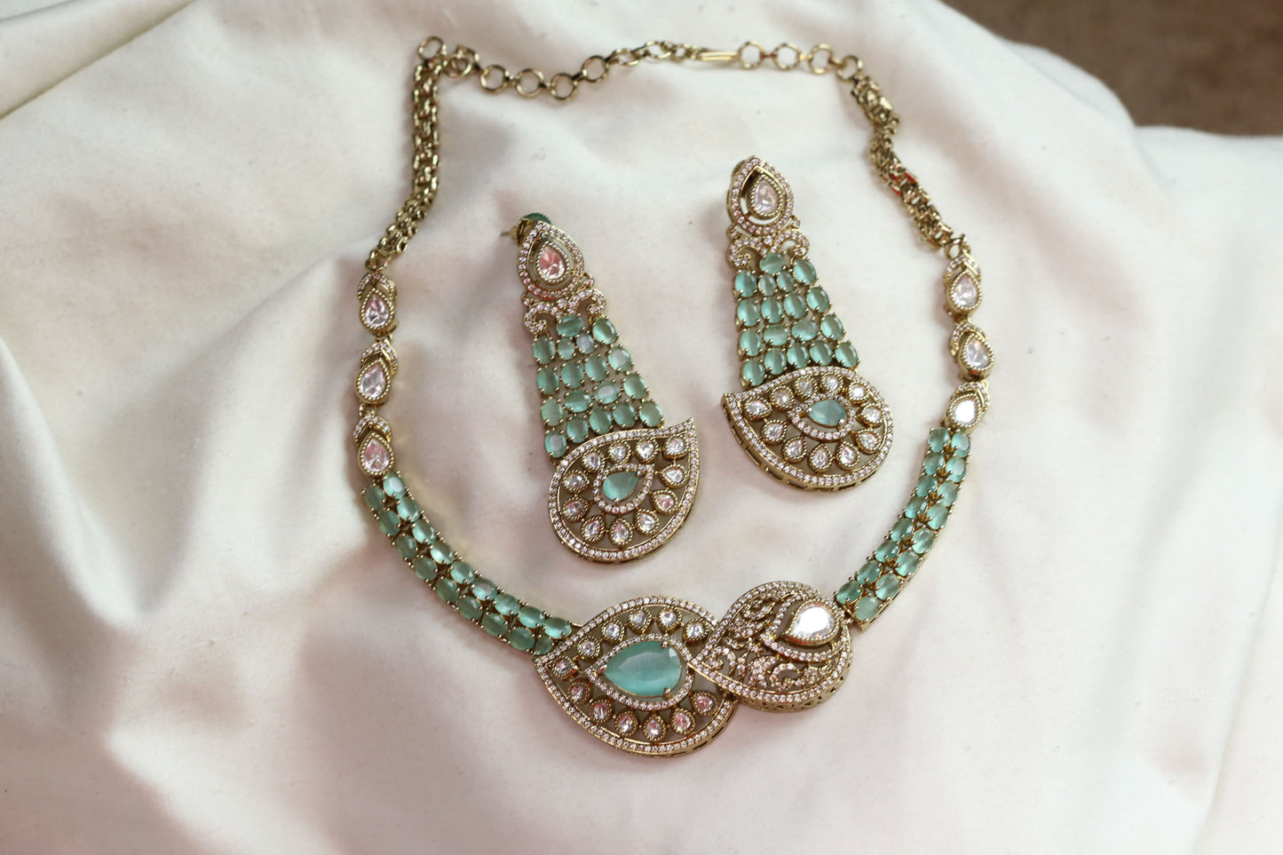 Surmayi Mehndi Polish Doublet CZ Necklace Set -Mint