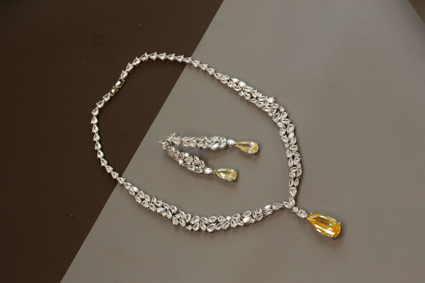 Dainty Solitaire Necklace Set - Yellow Crystal