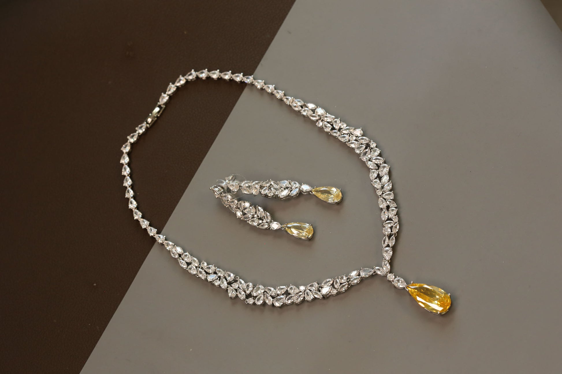 Dainty Solitaire Necklace Set - Yellow Crystal