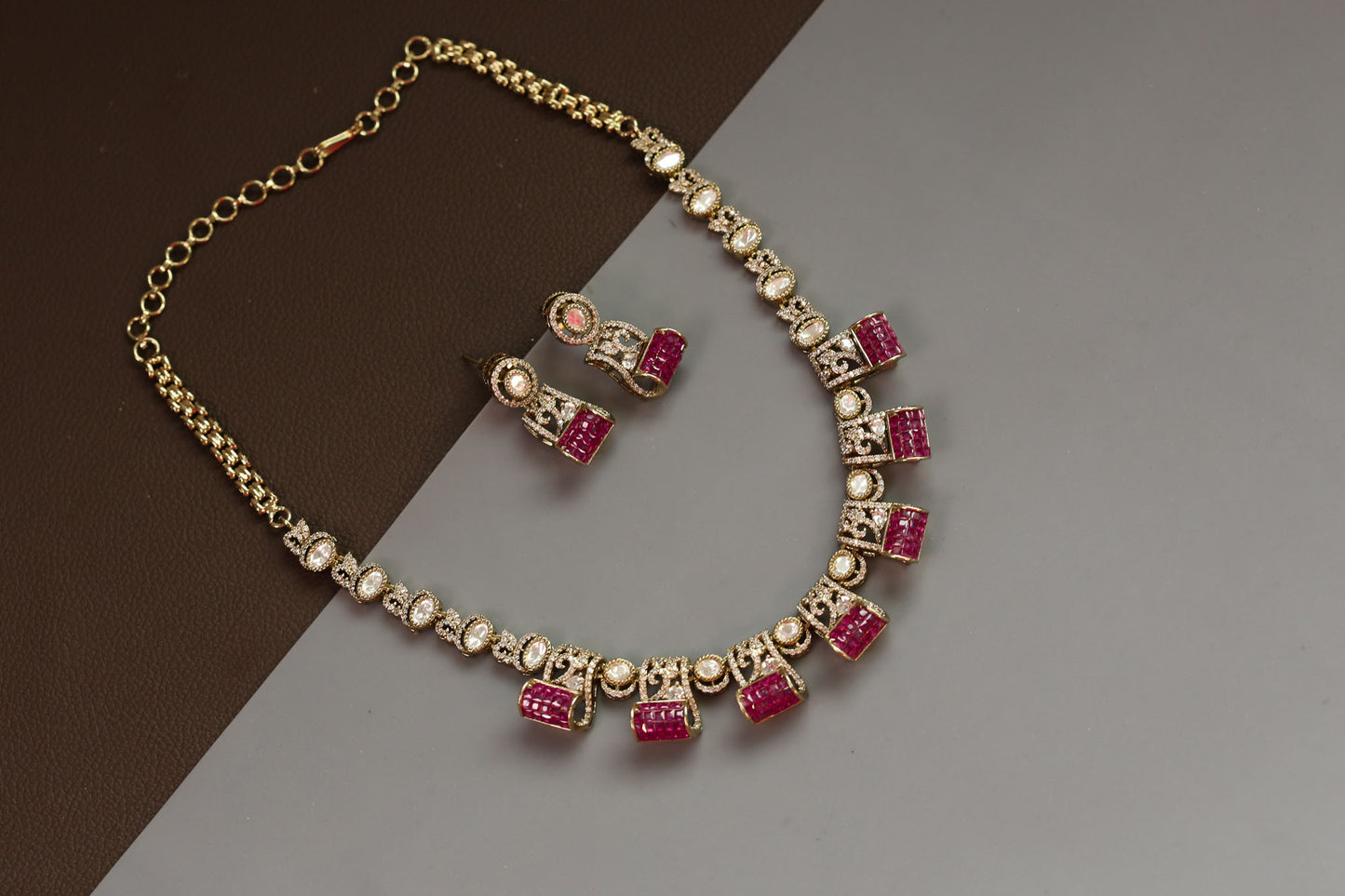 Invisible Setting, Uncut Polki & CZ Necklace Set - Ruby
