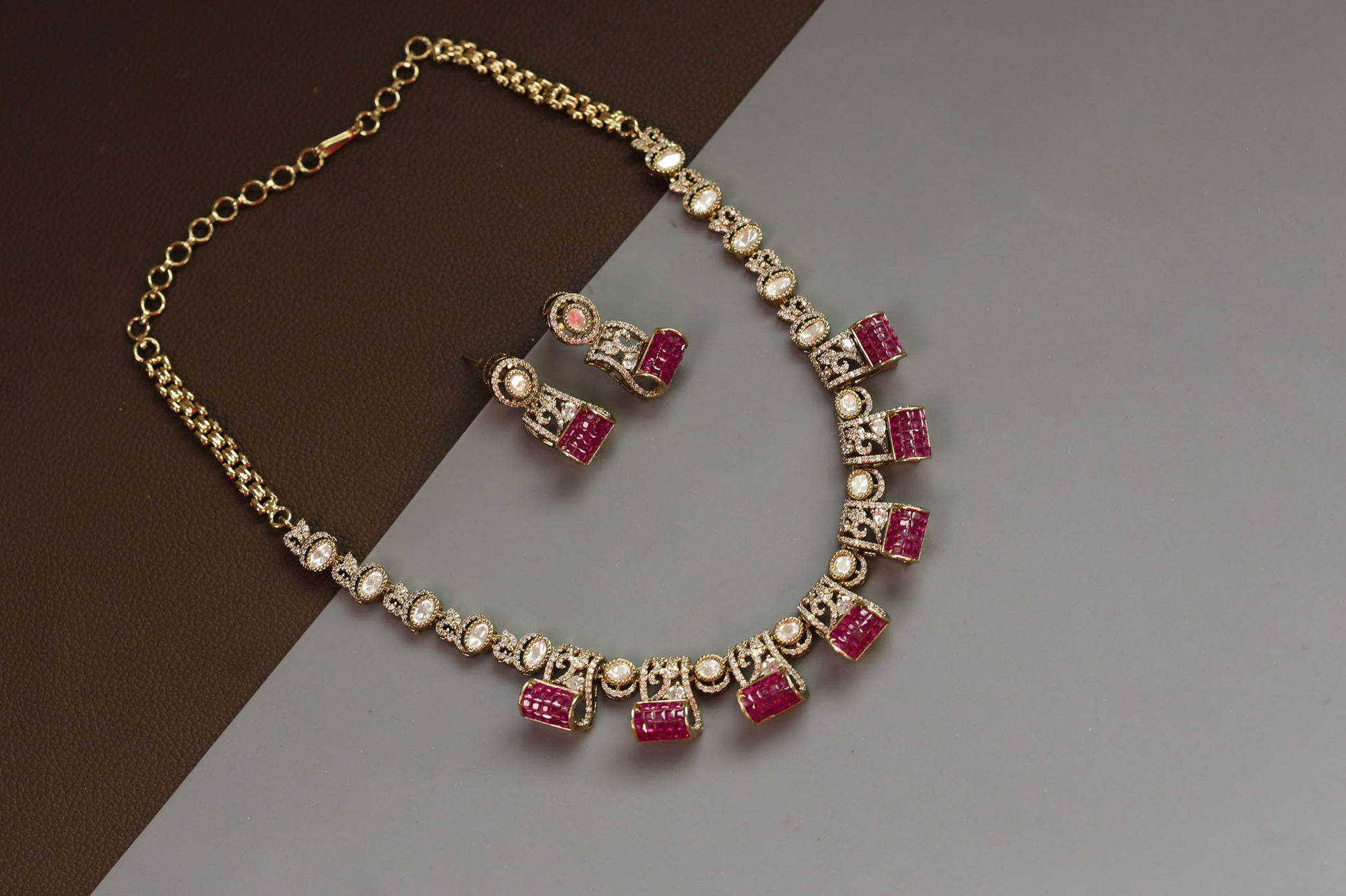 Invisible Setting, Uncut Polki & CZ Necklace Set - Ruby