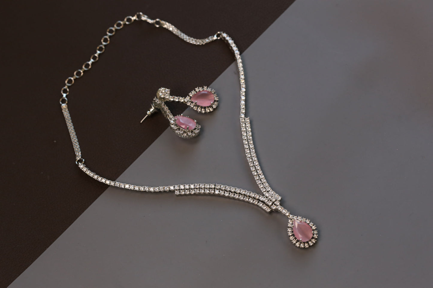 Dainty Solitaire Necklace Set - Pink
