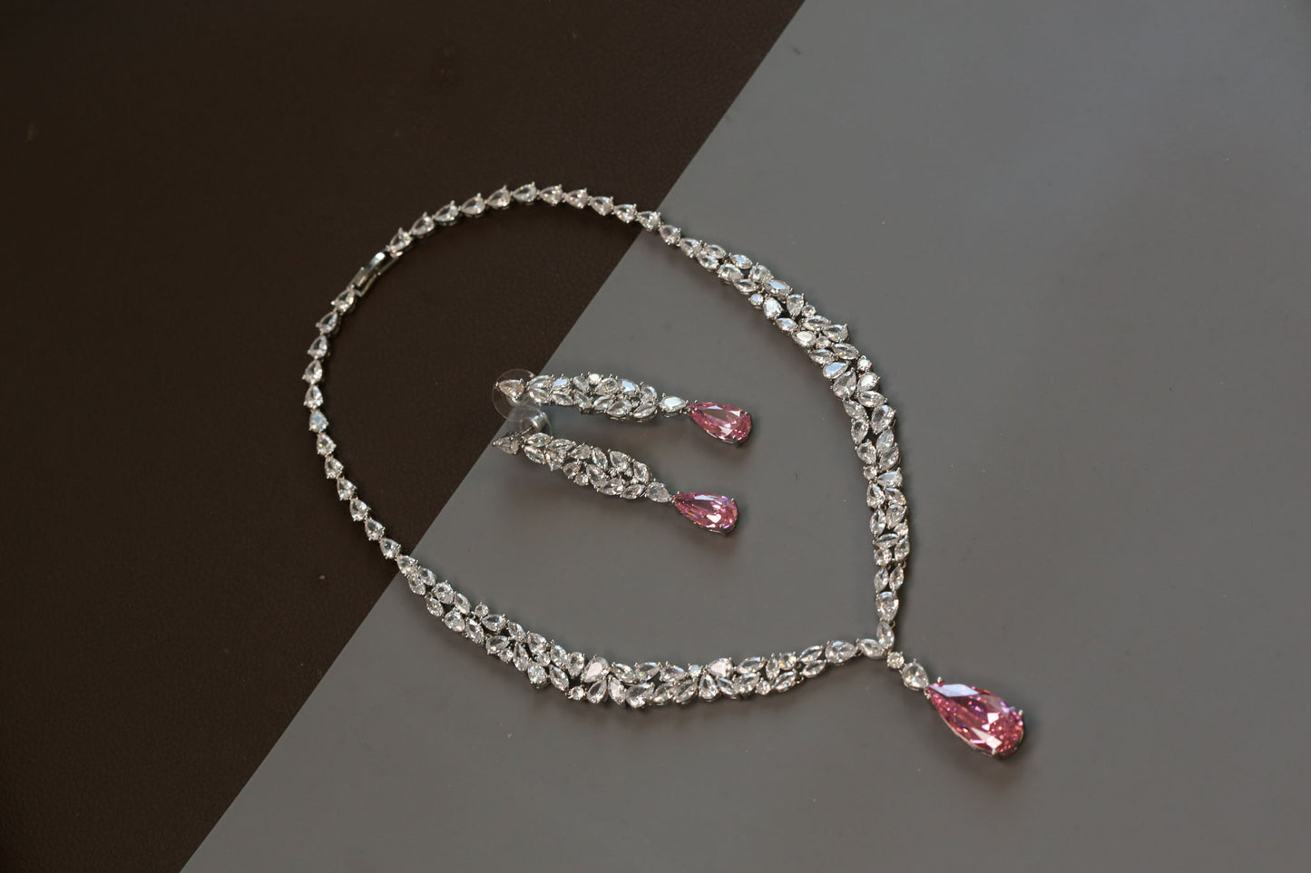 Dainty Solitaire Necklace Set - Pink Crystal