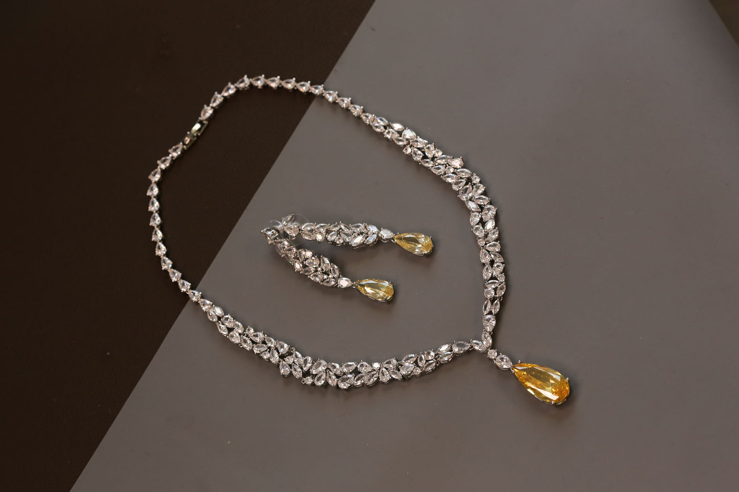 Dainty Solitaire Necklace Set - Yellow Crystal